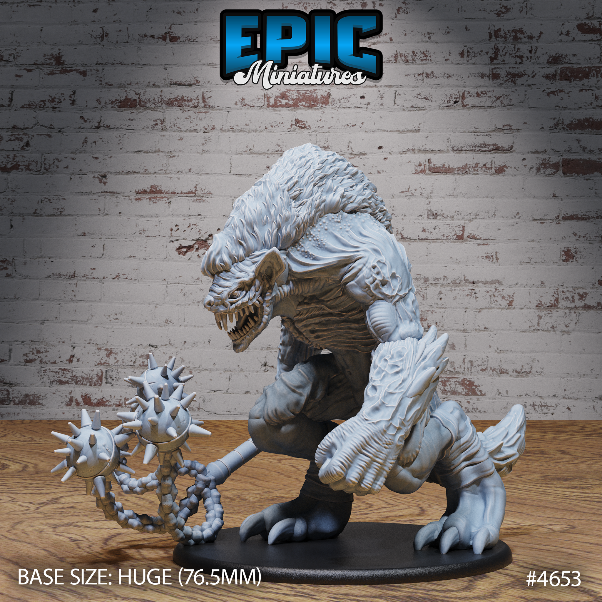 Front view of an unpainted grey resin Yeenoghu Demon Lord miniature on a 76.5mm base — a massive hunched gnoll-demon with open jaws, thick fur and scaled hide, wielding a spiked flail on a heavy chain in his left hand, right hand clawed and raised, clawed feet gripping the base