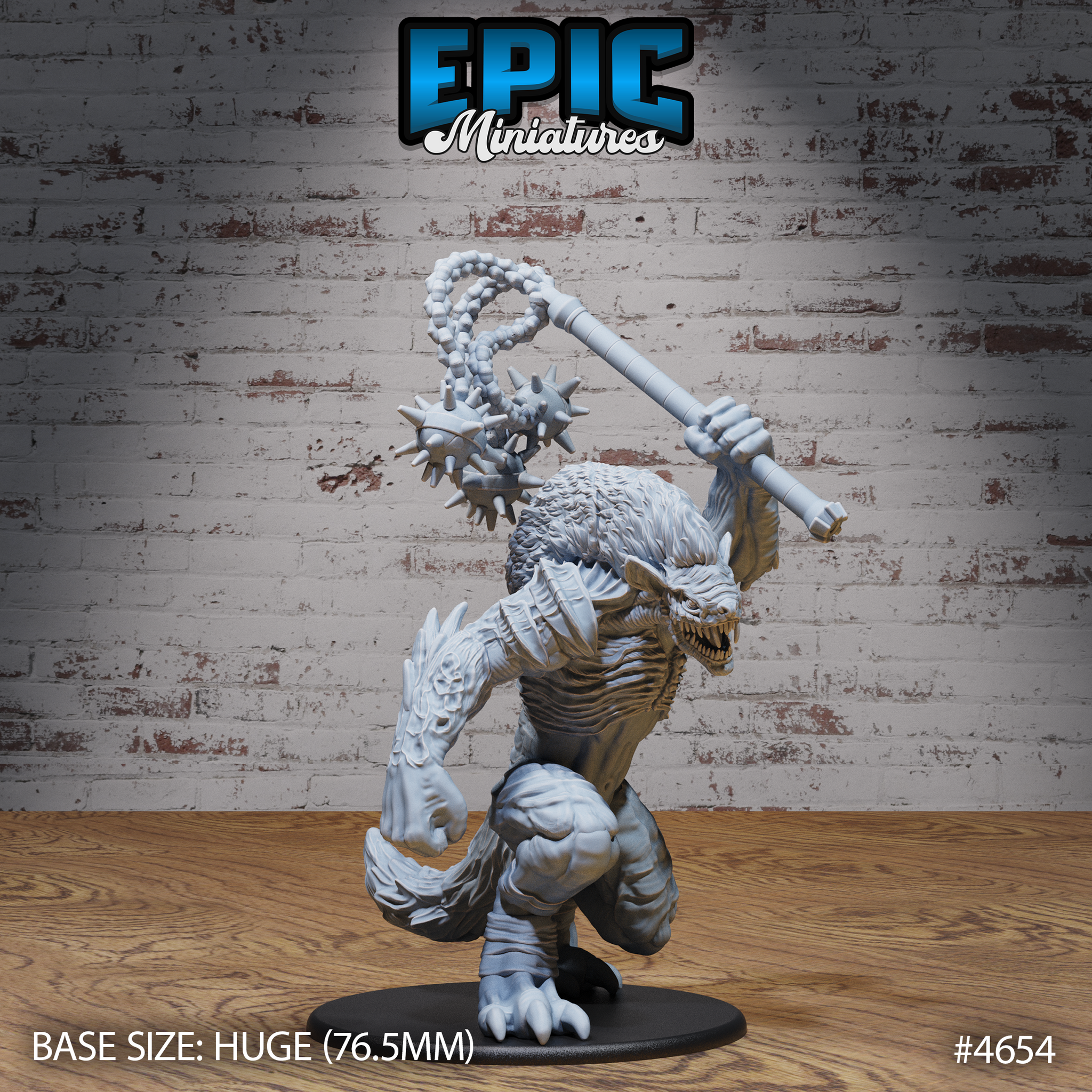 Unpainted grey resin miniature of Yeenoghu the Demon Lord, front three-quarter view — armed with a triple-headed spiked flail, chain coiling overhead, jaws open in a snarl, bone-adorned forearm visible. Huge 76.5mm round base. Epic Miniatures sculpt #4654.
