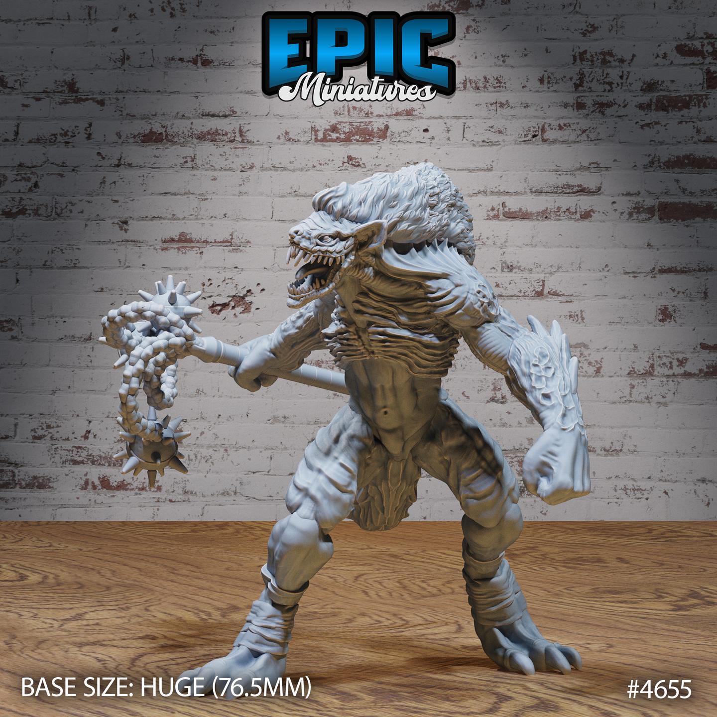 Front-facing render of Yeenoghu Demon Lord miniature by Epic Miniatures — a huge gnoll-like demon with scaled mane, fanged open mouth, and a double-headed spiked flail raised mid-swing in one hand, clawed free hand extended, on a 76.5mm base
