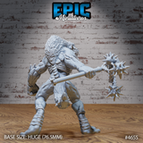 Rear three-quarter render of Yeenoghu Demon Lord miniature by Epic Miniatures — showing spine ridge detail, heavy coarse mane, full arc of the double-headed spiked flail, and wrapped calves, on a 76.5mm base