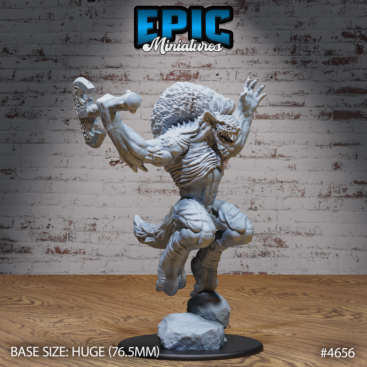 Front view of an unpainted grey resin Yeenoghu Demon Lord miniature on a huge 76.5mm base — shown mid-leap from a shattered rock, jaws snarling wide, one clawed hand raised and a large ornate axe hauled back to strike, with a massive matted mane and ridge-covered torso