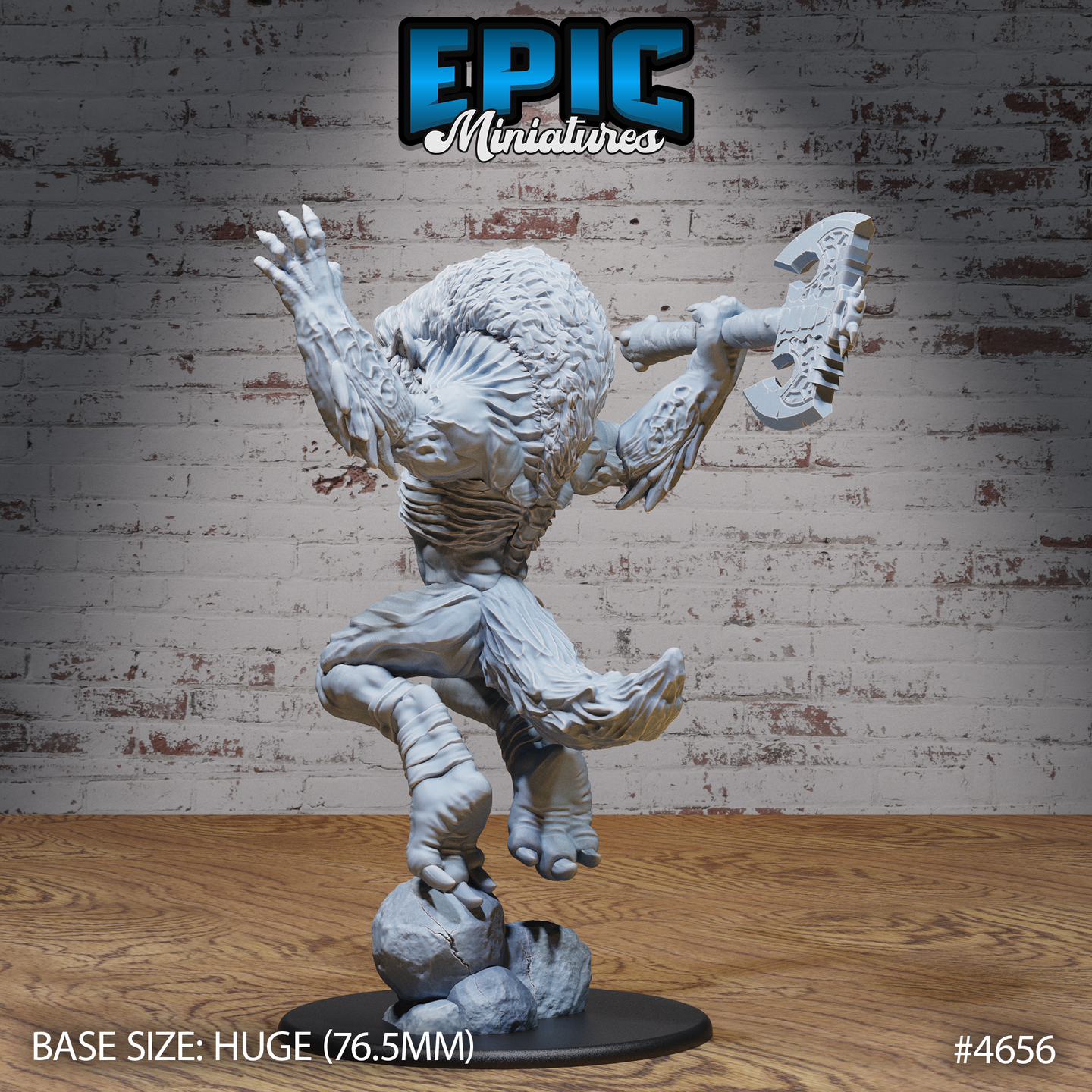 Rear view of the same unpainted grey resin Yeenoghu miniature showing the detailed textured mane, spinal ridges, clawed feet, and the reverse of the engraved axe blade, mounted on a huge 76.5mm black round base