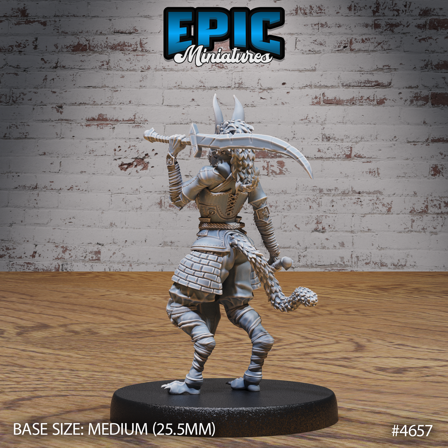 Unpainted grey resin Female Jackalwere miniature — rear view — showing scaled tail, laced back armour plate, braided hair detail, curved blade held aloft, and segmented lower armour, on a 25.5mm round base