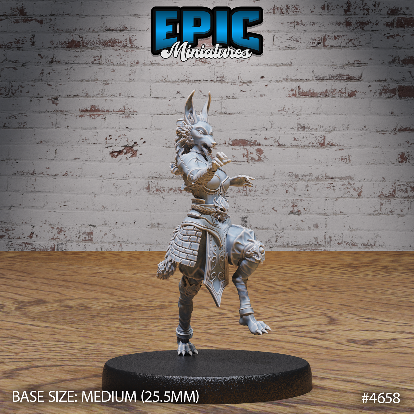 Front view of an unpainted grey resin jackalwere female miniature by Epic Miniatures — digitigrade legs, layered armour with scrollwork tassets, braided dreadlocks, and pointed canine ears, posed mid-stride with one knee raised and arms extended, on a medium round black base