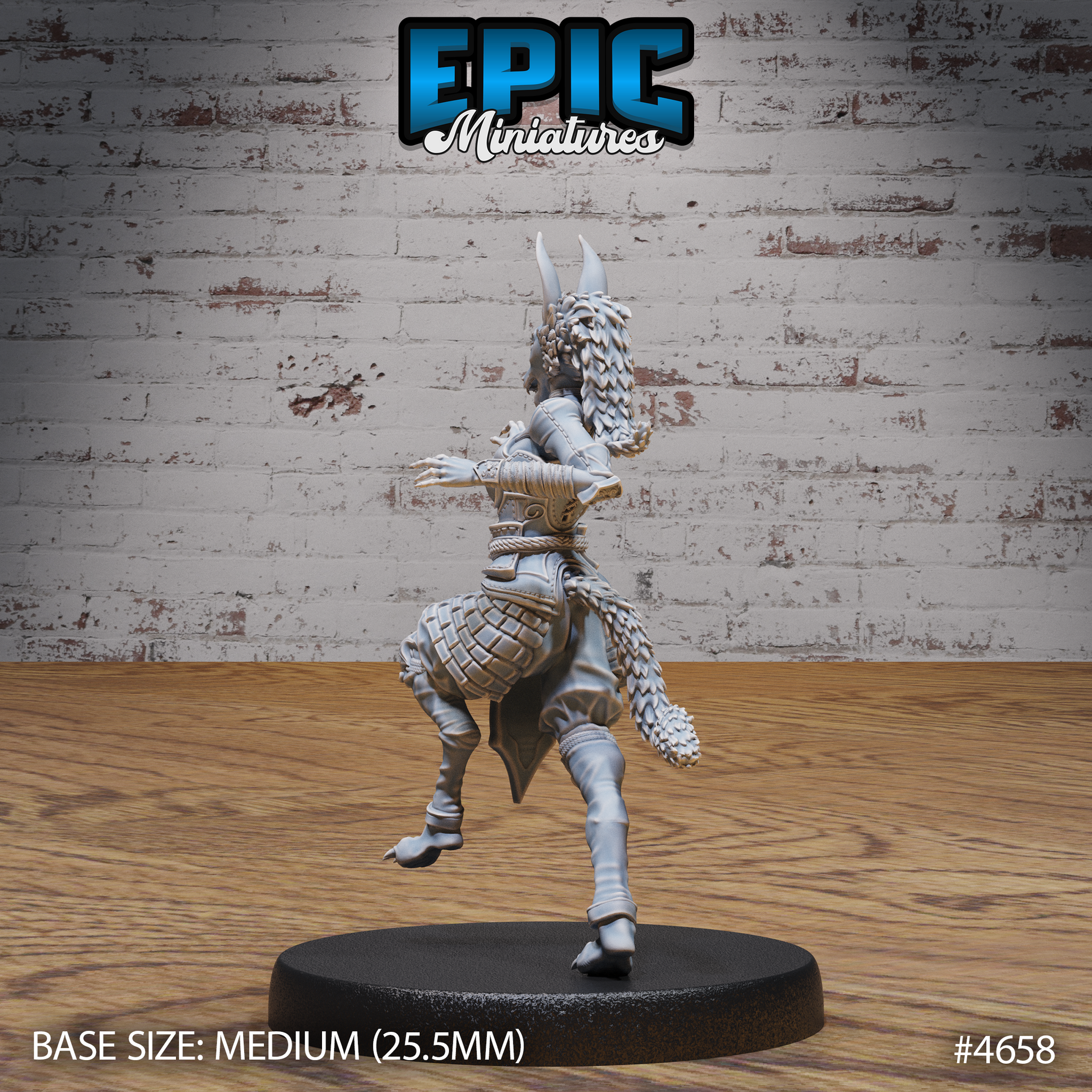 Rear view of the same unpainted grey resin jackalwere female miniature, showing her long braided tail, detailed back armour, rope belt, and extended clawed hand, with the full length of her dreadlocks visible over the left shoulder