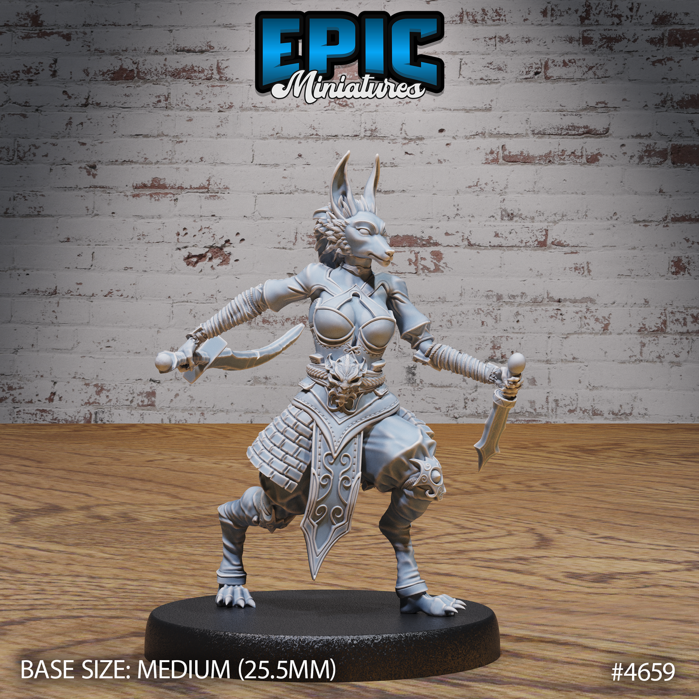 Unpainted grey resin miniature of a female jackalwere warrior in a dynamic combat stance, holding two serrated blades, wearing layered lamellar armour with a snarling mask belt buckle and rope-wrapped vambraces, on a 25.5mm round base — front view