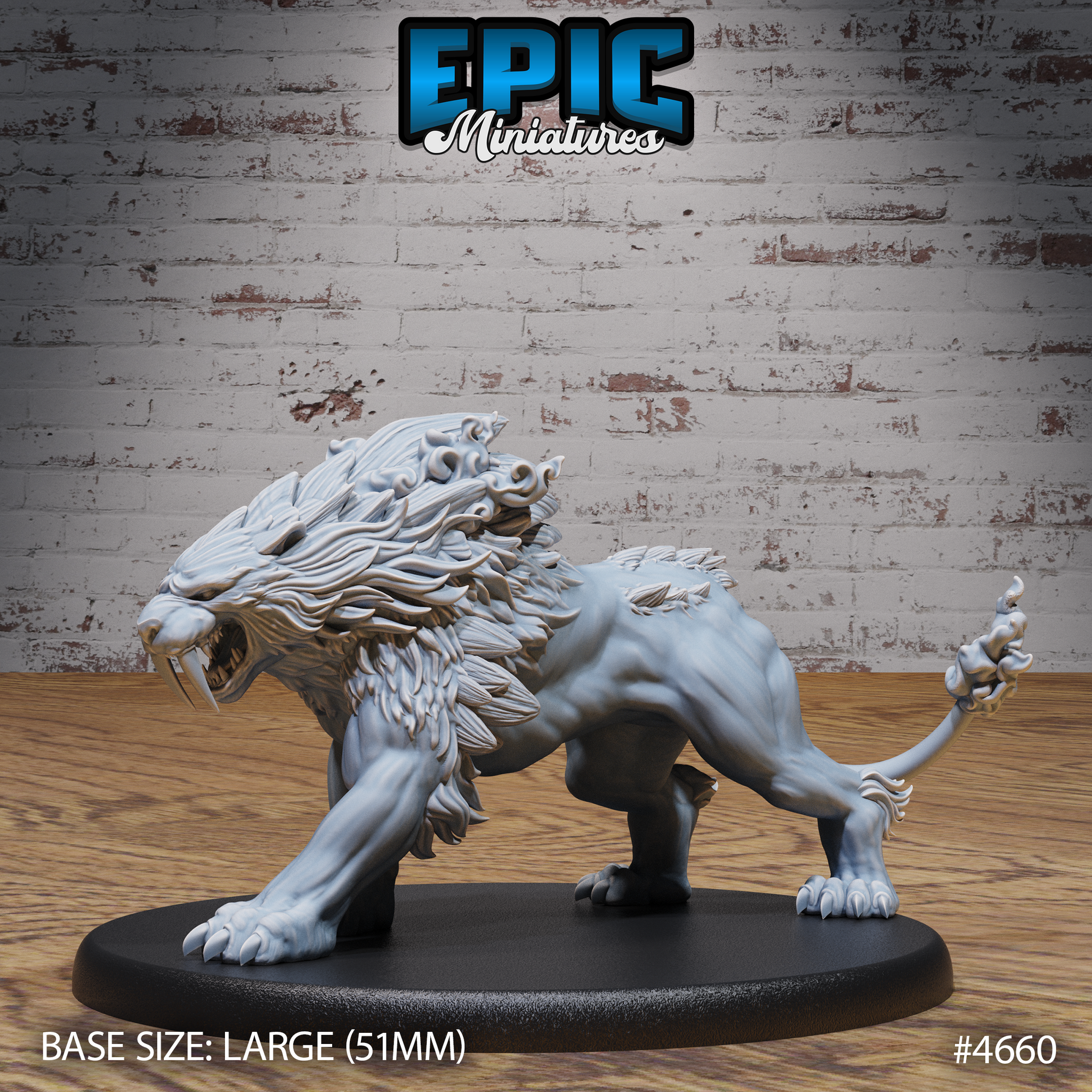 Front-facing view of the Epic Miniatures Sabertooth Beast resin miniature — an unpainted grey large-scale creature in a low predatory crouch, with elongated sabre teeth bared, a feathered and tendril-draped mane, and a long tail ending in a flame-knotted tip, mounted on a 51mm oval base