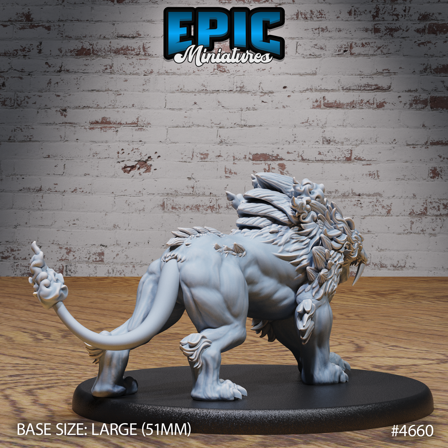 Rear three-quarter view of the Epic Miniatures Sabertooth Beast resin miniature — showing the muscular haunches, layered feathered mane across the back and shoulders, extended clawed rear feet, and the whip-like tail with its gnarled bony tip, mounted on a 51mm oval base