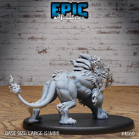 Rear three-quarter view of the Epic Miniatures Sabertooth Beast resin miniature — showing the muscular haunches, layered feathered mane across the back and shoulders, extended clawed rear feet, and the whip-like tail with its gnarled bony tip, mounted on a 51mm oval base