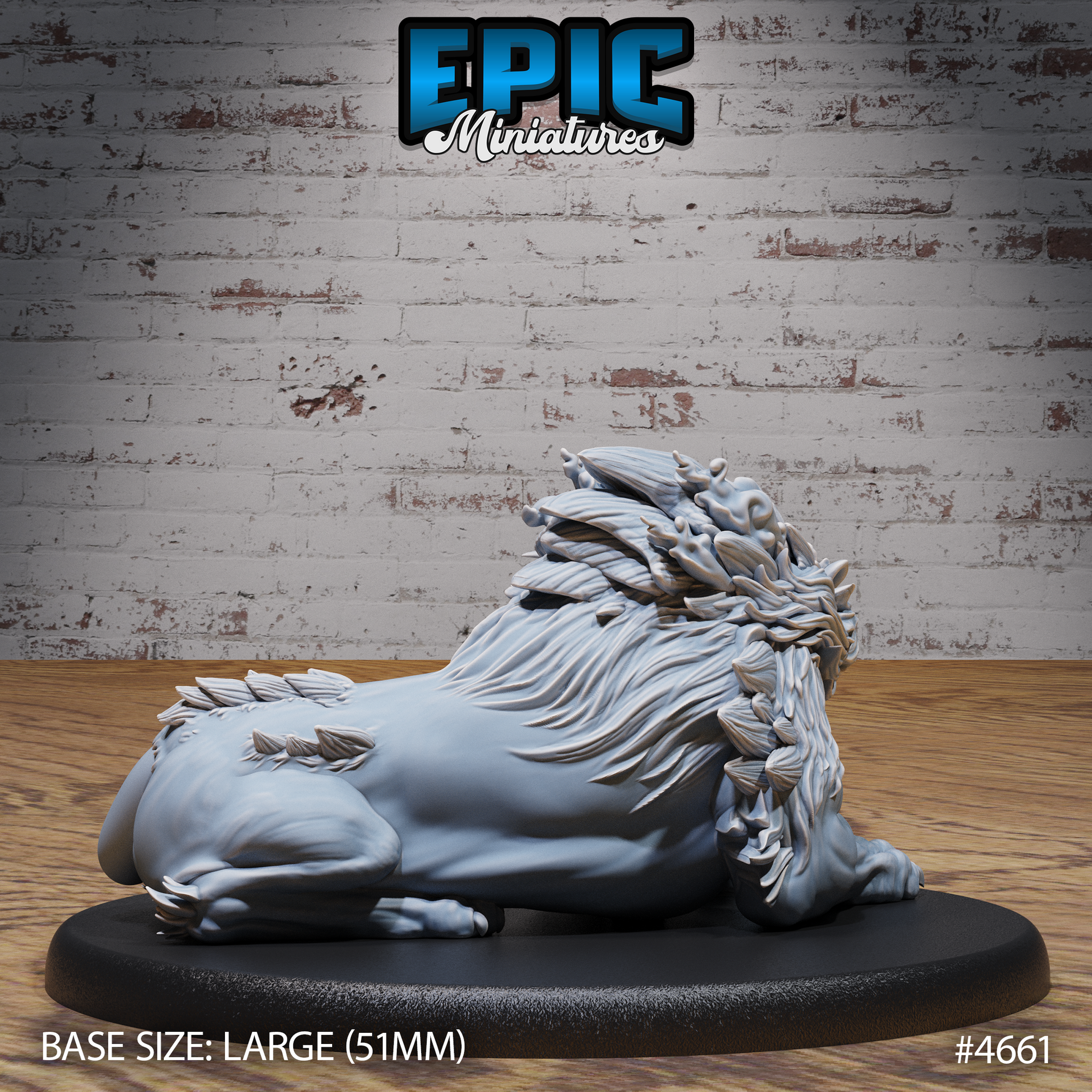 Rear three-quarter view of the same unpainted grey resin sabertooth beast miniature, showing feathered quill-like growths along the spine and haunches, flowing mane detail across the shoulders, and the large 51mm oval base — photographed against a brick wall backdrop