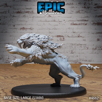 Front-left view of an unpainted grey resin sabertooth beast miniature on a 51mm black base — the large creature rears up on its hind legs with one clawed forepaw raised, feathered mane bristling, jaws open wide to reveal elongated saber-teeth, and a barbed tail curved behind it