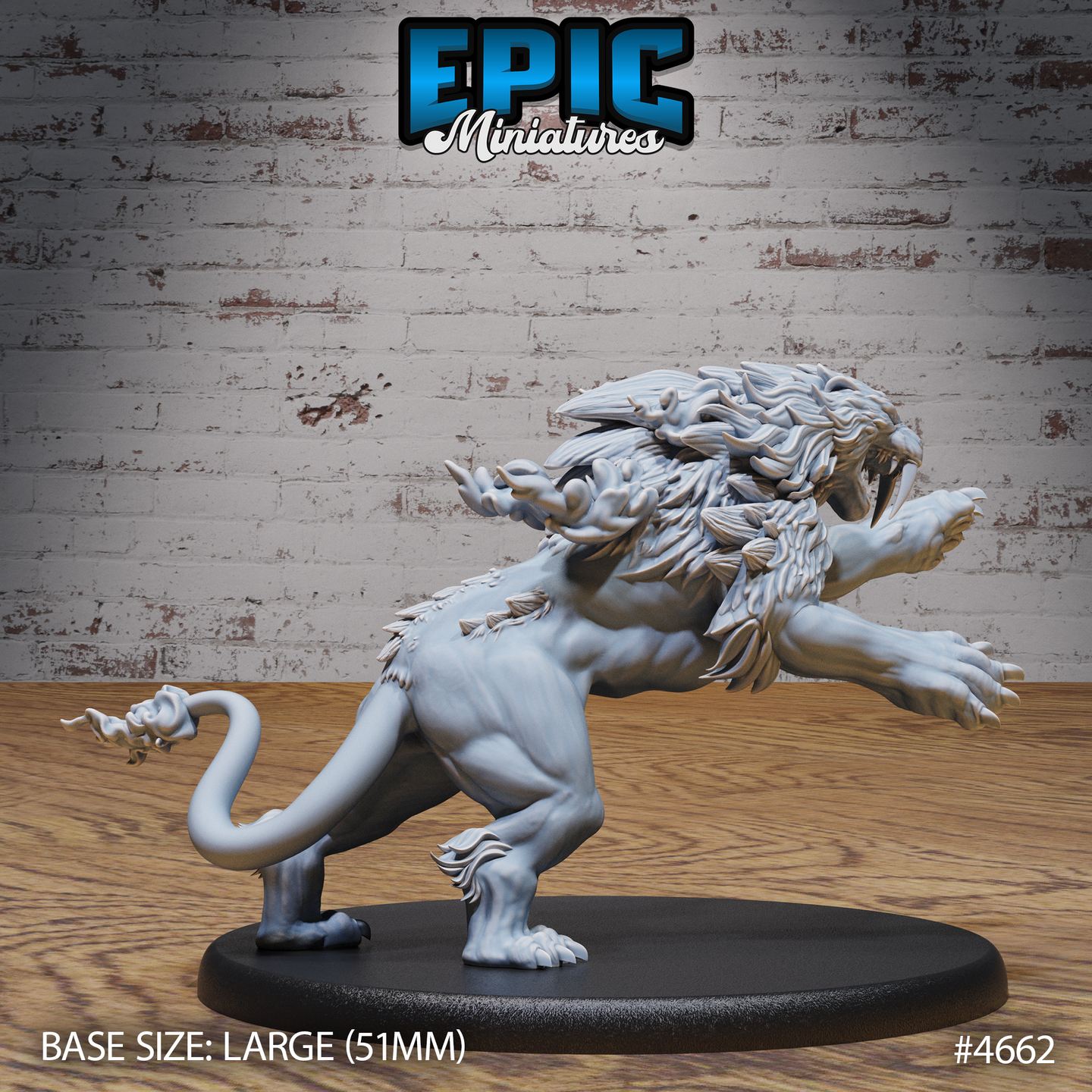 Rear-right view of the same unpainted grey resin sabertooth beast miniature — showing the muscular haunches, serpentine barbed tail, layered feathered mane across the back, and the creature's raised clawed forepaws as it lunges forward on its 51mm base