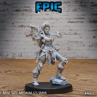Front view of an unpainted grey resin 32mm orc female miniature from Epic Miniatures — wild braided hair, skull belt buckle, fur-trimmed leather armour, and a large bone-wrapped maul rested across one shoulder, posed in a wide confident stance on a round black base with a rocky scenic insert