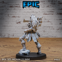 Rear view of the same unpainted grey resin orc female miniature showing cascading rope-bound braids, the full length of the maul haft wrapped in cord and bone decoration, tattered leather cape pieces, and detailed fur-trimmed boots — medium 25.5mm base size indicated