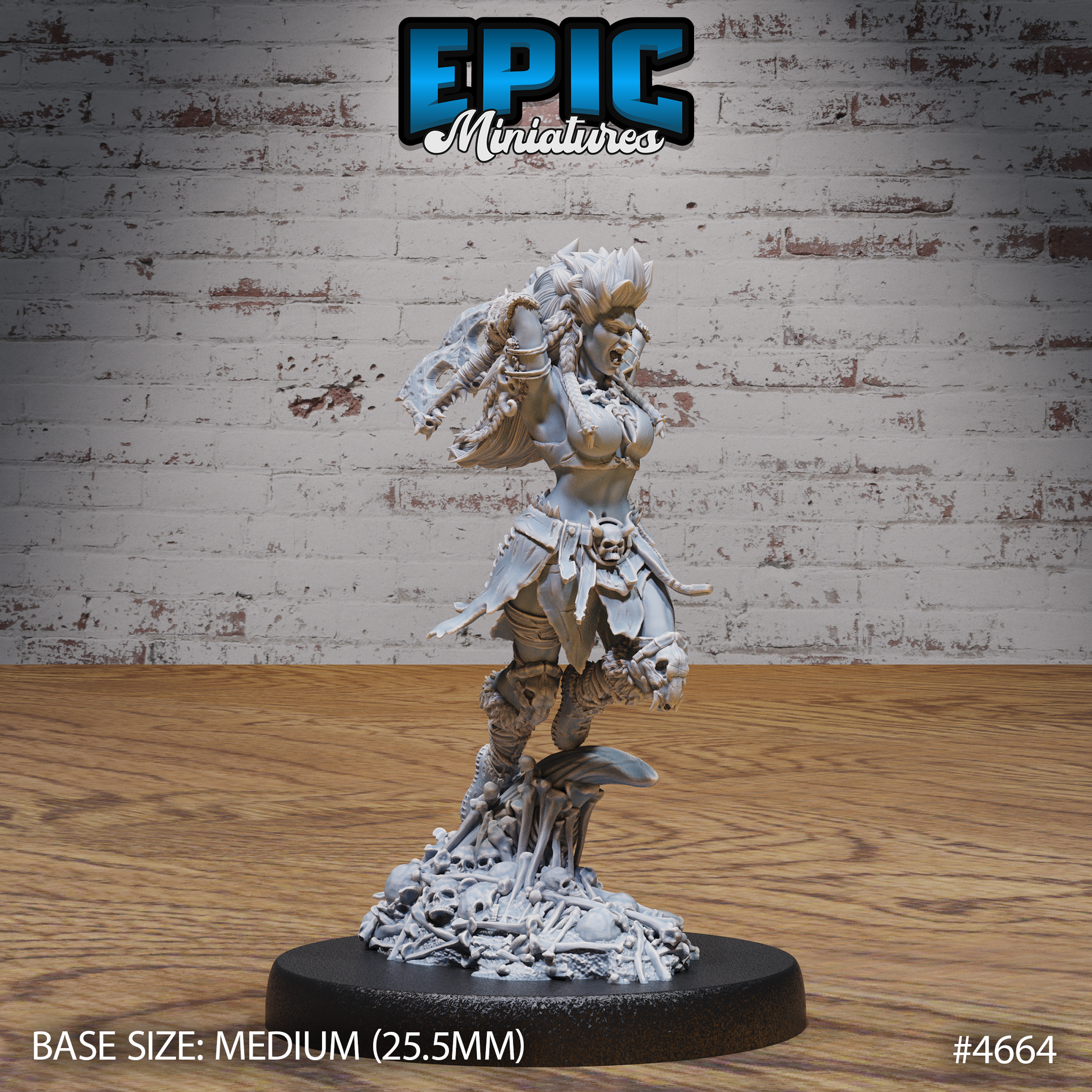 Unpainted grey resin orc female barbarian miniature in 32mm scale, shown from the front — mid-battle cry with mohawk hair and bone braids, raising a skull-adorned axe overhead, belt hung with skull trophies, standing on a scenic base of skulls and bones