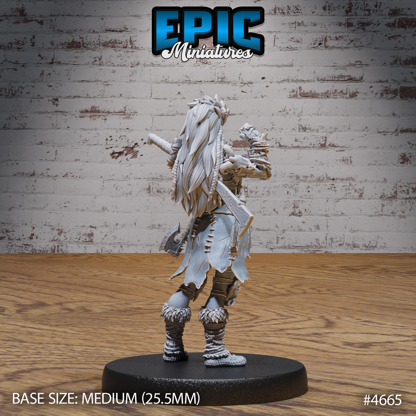 Rear view of the same unpainted grey resin orc female miniature — long flowing braids threaded with cord and bone charms, ragged-hemmed coat, heavily detailed tribal wraps, large axe visible across the back, fur-trimmed boot wrappings
