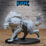 Unpainted grey resin Warg Beast miniature by Epic Miniatures — front three-quarter view showing sabre-fanged face, flowing mane along the spine, and muscular crouching pose on a 51mm oval base
