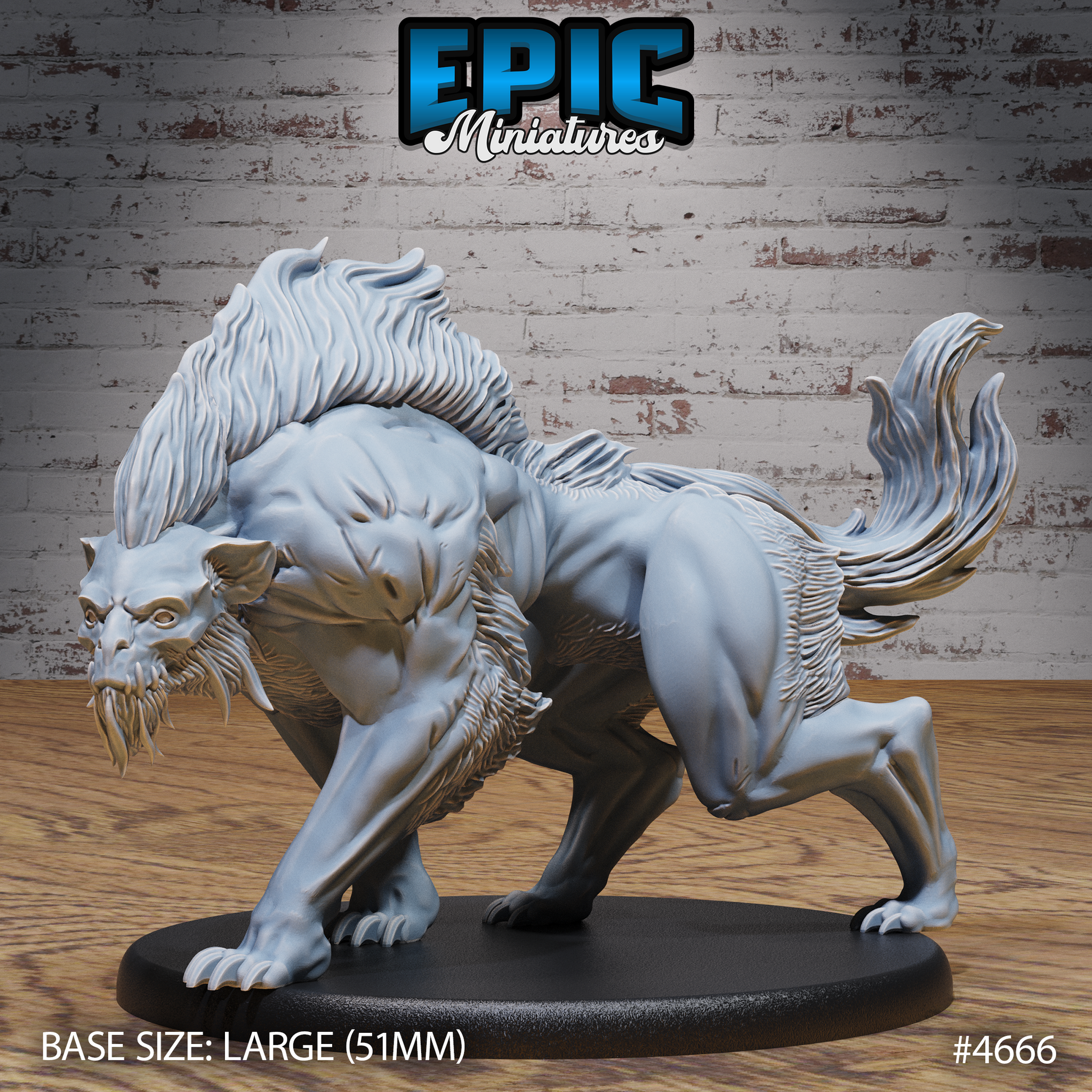 Unpainted grey resin Warg Beast miniature by Epic Miniatures — front three-quarter view showing sabre-fanged face, flowing mane along the spine, and muscular crouching pose on a 51mm oval base