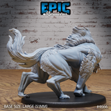 Unpainted grey resin Warg Beast miniature by Epic Miniatures — rear three-quarter view highlighting the dramatic feathered tail and layered mane running the full length of the spine