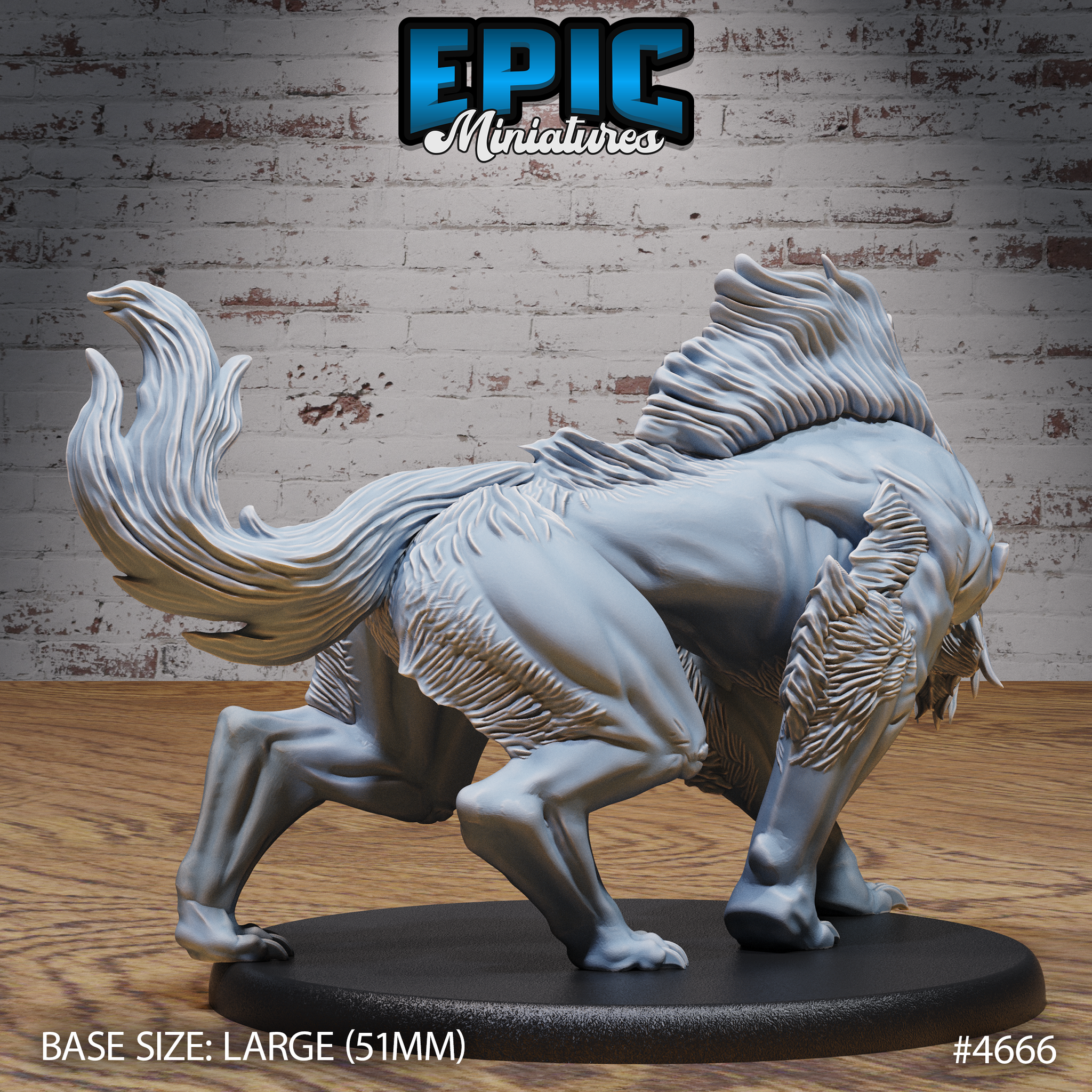 Unpainted grey resin Warg Beast miniature by Epic Miniatures — rear three-quarter view highlighting the dramatic feathered tail and layered mane running the full length of the spine