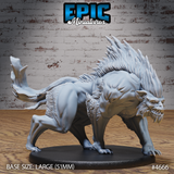 Unpainted grey resin Warg Beast miniature by Epic Miniatures — side profile view showing the full silhouette with raised dorsal mane spines, open snarling jaws, and powerful forelimbs on a 51mm oval base