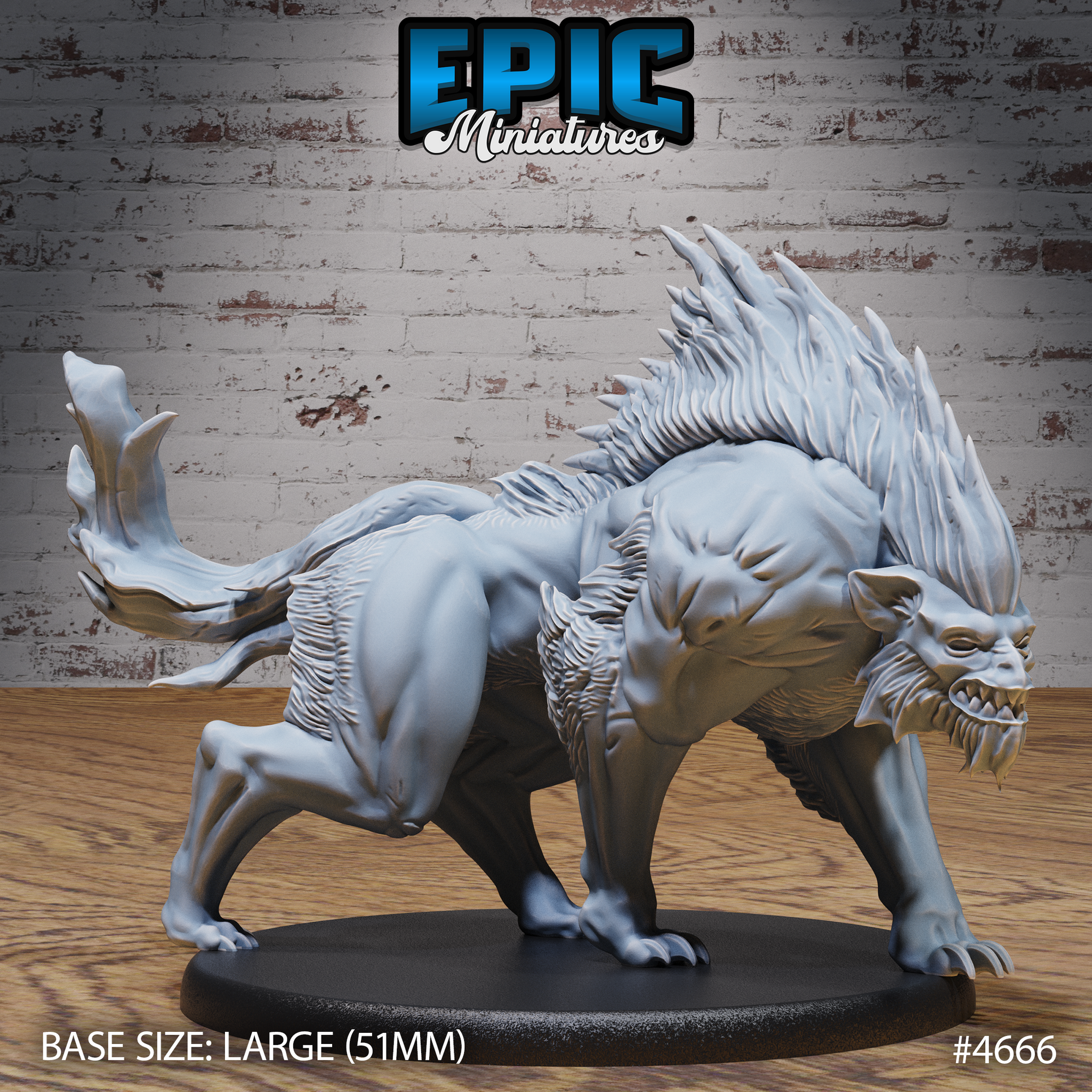 Unpainted grey resin Warg Beast miniature by Epic Miniatures — side profile view showing the full silhouette with raised dorsal mane spines, open snarling jaws, and powerful forelimbs on a 51mm oval base