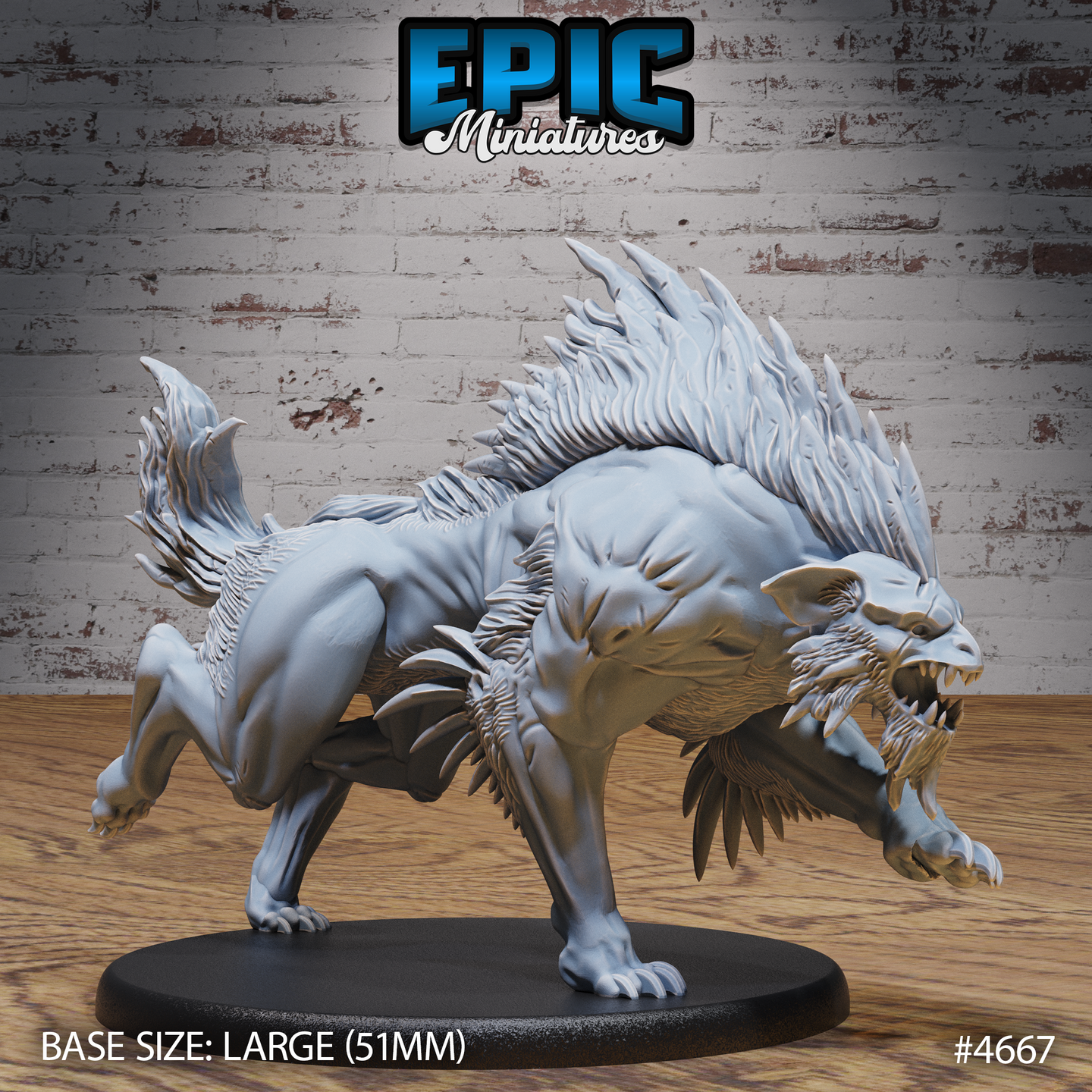 Unpainted grey resin warg beast miniature on a 51mm oval base, photographed from the front-right — jaws open wide showing rows of teeth, face surrounded by bony quill growths, dramatic spine ridge raised along the back, body low in a charging pose