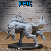 Unpainted grey resin warg beast miniature on a 51mm oval base, photographed from the rear-left — showing the full length of the raised spine quill ridge, powerful haunched musculature, clawed hind feet, and feathered tail, with the monstrous snarling head visible over the shoulder