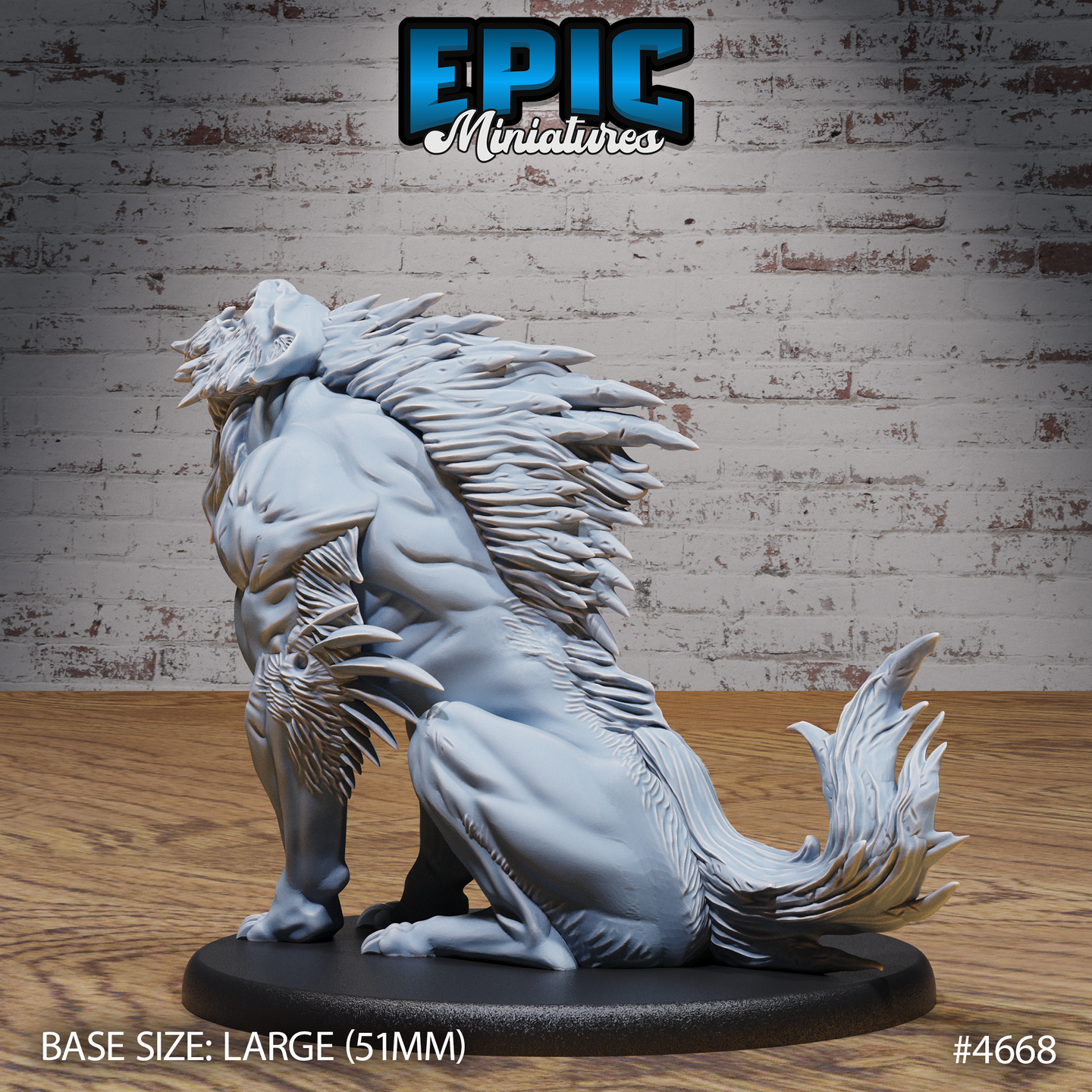 Unpainted grey resin warg beast miniature on a 51mm oval base showing the rear three-quarter angle, with layered feathered quills along the back, barbed tail, and wide haunches clearly visible