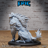 Unpainted grey resin warg beast miniature on a 51mm oval base showing the rear three-quarter angle, with layered feathered quills along the back, barbed tail, and wide haunches clearly visible