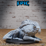 Front-facing view of an unpainted grey resin warg beast miniature by Epic Miniatures, crouched low in a stalking pose with fangs bared, a heavy flowing mane, and clawed forelimbs braced on a 51mm large oval base