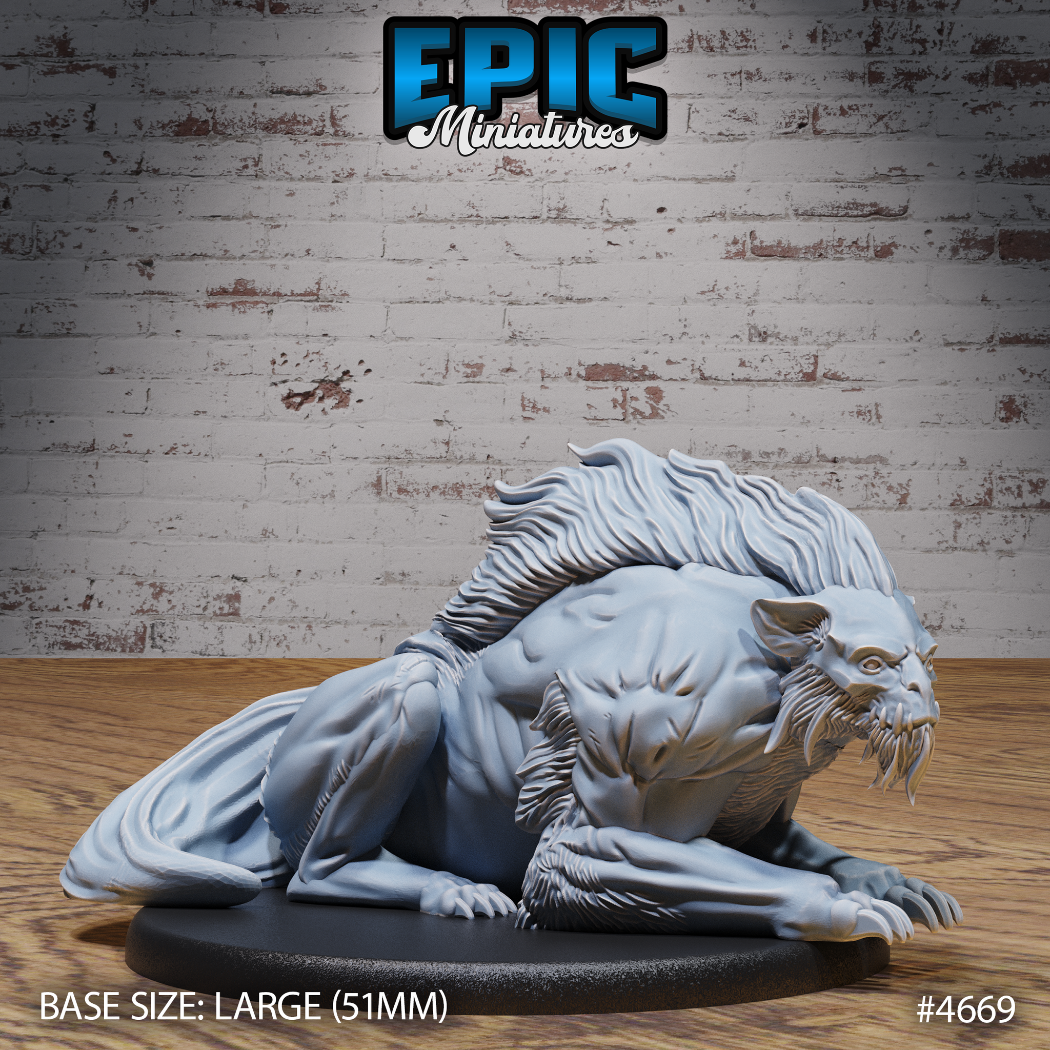 Front-facing view of an unpainted grey resin warg beast miniature by Epic Miniatures, crouched low in a stalking pose with fangs bared, a heavy flowing mane, and clawed forelimbs braced on a 51mm large oval base