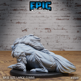 Rear three-quarter view of the unpainted grey resin warg beast miniature by Epic Miniatures, showing the sweeping mane detail, muscular haunches, and full body sculpt on a 51mm large oval base