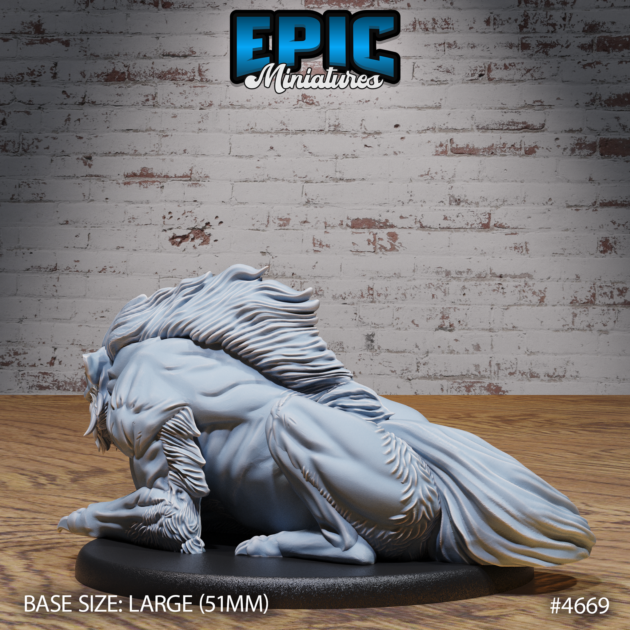 Rear three-quarter view of the unpainted grey resin warg beast miniature by Epic Miniatures, showing the sweeping mane detail, muscular haunches, and full body sculpt on a 51mm large oval base