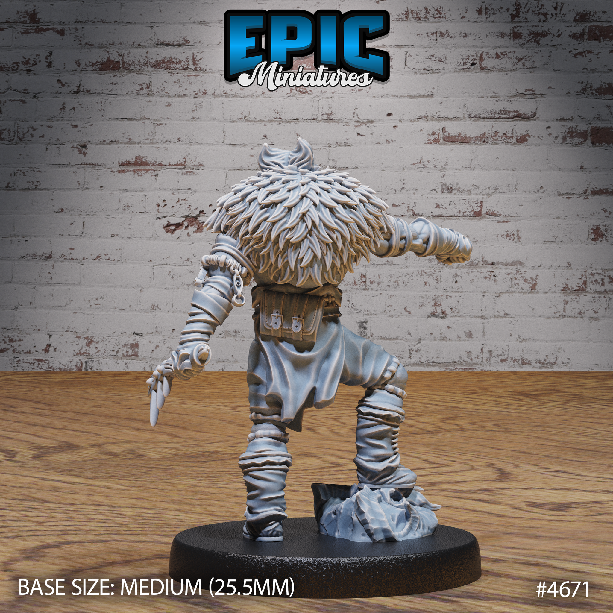 Rear view of the same unpainted grey resin Beast Master miniature showing the full expanse of the shaggy animal pelt draped across his back, spiked hair swept upward, a buckled utility satchel at his hip, a short blade tucked at his left side, and bandage-wrapped legs with clawed feet