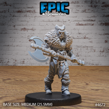 Front view of an unpainted grey resin Beast Master miniature by Epic Miniatures — a broad-shouldered fur-cloaked warrior wielding a large battle axe in a ready stance, wearing banded armour with studded shoulders and cord-wrapped wrists, mounted on a medium 25.5mm black base