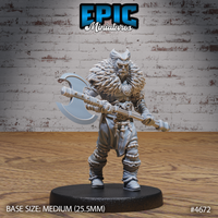 Front view of an unpainted grey resin Beast Master miniature by Epic Miniatures — a broad-shouldered fur-cloaked warrior wielding a large battle axe in a ready stance, wearing banded armour with studded shoulders and cord-wrapped wrists, mounted on a medium 25.5mm black base