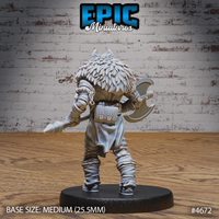 Rear view of the unpainted grey resin Beast Master miniature showing the full texture of the layered fur and feather cloak, a leather belt pouch, and the broad single-bladed axe held across the back, mounted on a medium 25.5mm black base