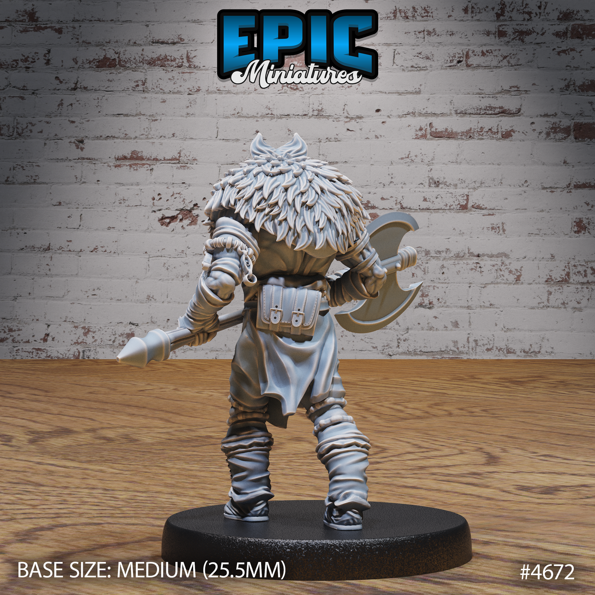 Rear view of the unpainted grey resin Beast Master miniature showing the full texture of the layered fur and feather cloak, a leather belt pouch, and the broad single-bladed axe held across the back, mounted on a medium 25.5mm black base