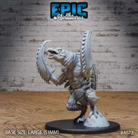 Unpainted grey resin Hook Horror miniature on a 51mm base, reared upright with one large serrated claw raised high, jaws open wide, ribbed dorsal fins fanning from the spine — photographed from the front-left angle