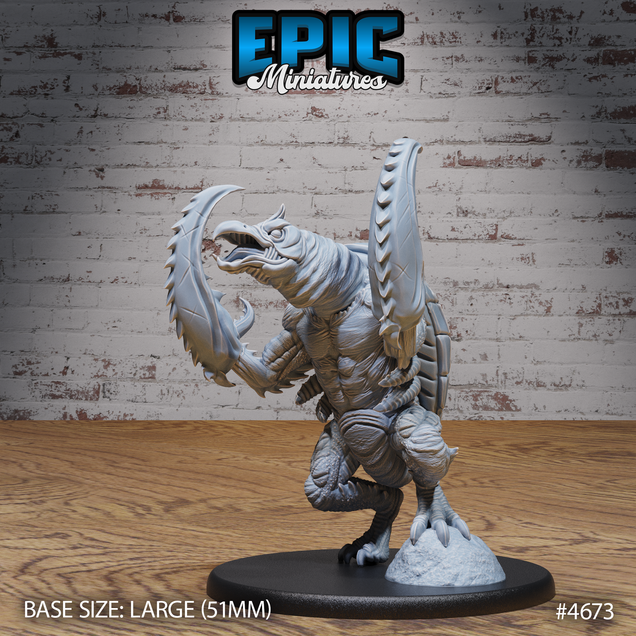 Unpainted grey resin Hook Horror miniature on a 51mm base, reared upright with one large serrated claw raised high, jaws open wide, ribbed dorsal fins fanning from the spine — photographed from the front-left angle