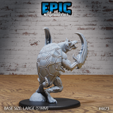Unpainted grey resin Hook Horror miniature on a 51mm base, shown from the rear-right to reveal the broad tortoise-like carapace across its back, with the creature's open jaws and raised clawed arm visible to the right