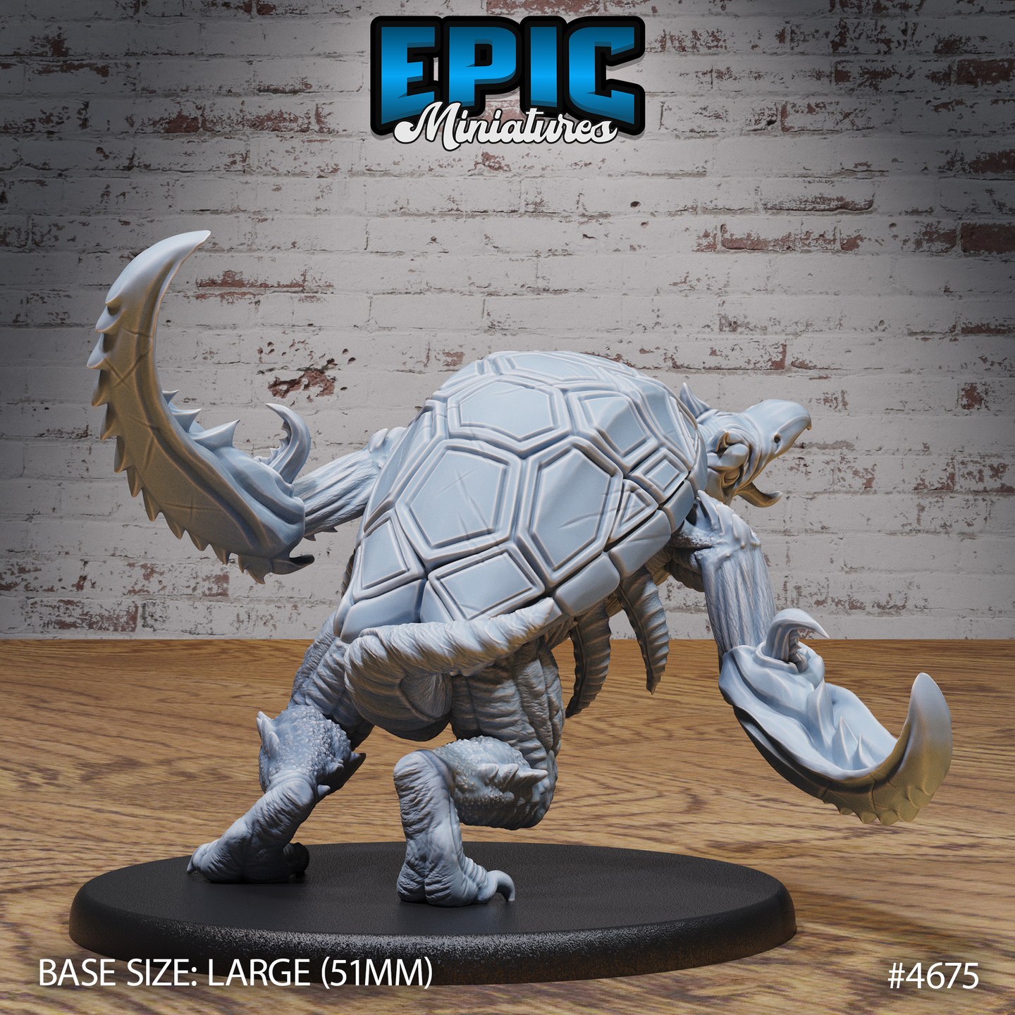 Unpainted grey resin Hook Horror miniature by Epic Miniatures — rear three-quarter view showing the detailed hexagonal shell plates of the carapace, barbed hook-claws extended, and serrated tail fin raised, on a large 51mm oval base