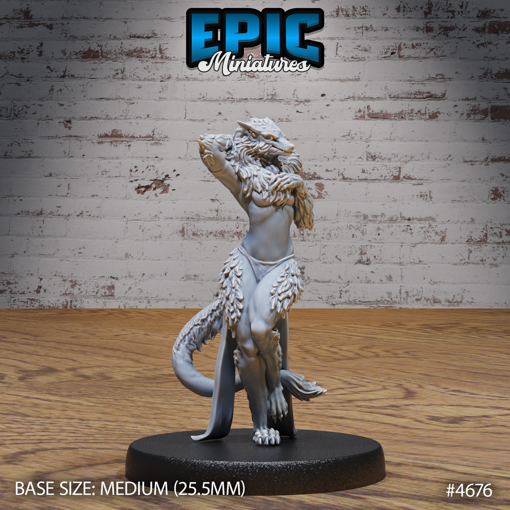 Front view of an unpainted grey resin female werewolf miniature by Epic Miniatures — draconic snout, wild flowing mane, one arm raised, scaled lower body with feathered texture, long sinuous tail, on a medium 25.5mm round black base