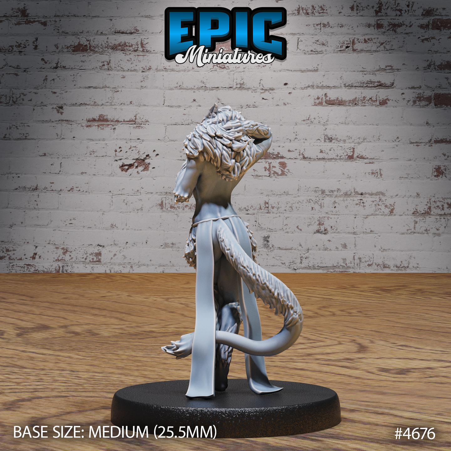 Rear view of the same unpainted grey resin female werewolf miniature by Epic Miniatures — showing the flowing scaled tail, back of the mane, smooth torso, and scaled leg texture on a medium 25.5mm round black base