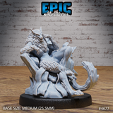 Front view of an unpainted grey resin 32mm miniature depicting a female werewolf reclining confidently on a jagged throne of splintered wood and draped fabric, her fur-covered body, snarling muzzle, and swept tail rendered in sharp detail, mounted on a medium 25.5mm round black base