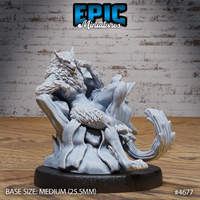 Front view of an unpainted grey resin 32mm miniature depicting a female werewolf reclining confidently on a jagged throne of splintered wood and draped fabric, her fur-covered body, snarling muzzle, and swept tail rendered in sharp detail, mounted on a medium 25.5mm round black base