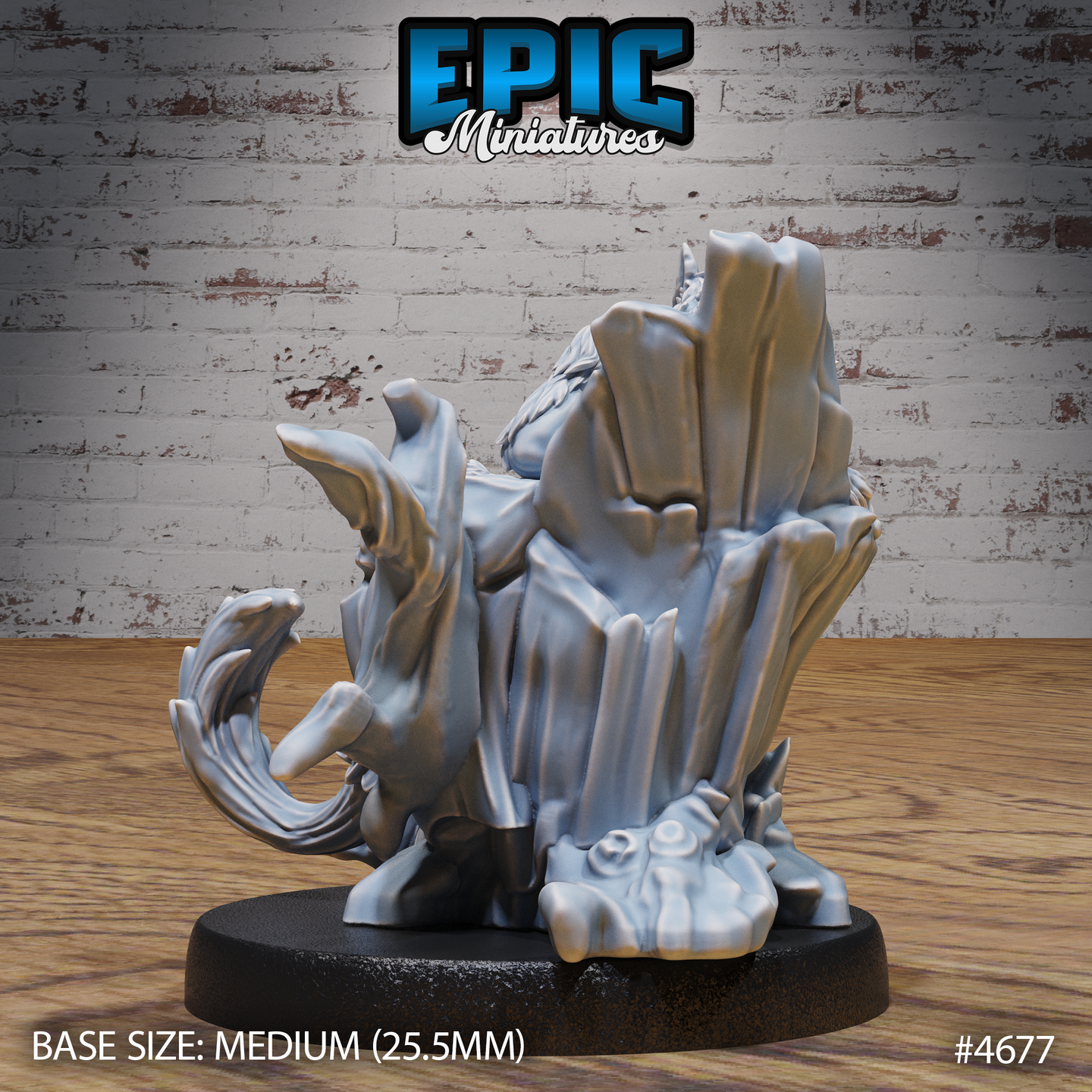 Rear view of the same unpainted grey resin female werewolf throne miniature, showing the intricately detailed back of the fractured timber throne with flowing fabric elements and the werewolf's bushy tail curling to the side, mounted on a medium 25.5mm round black base