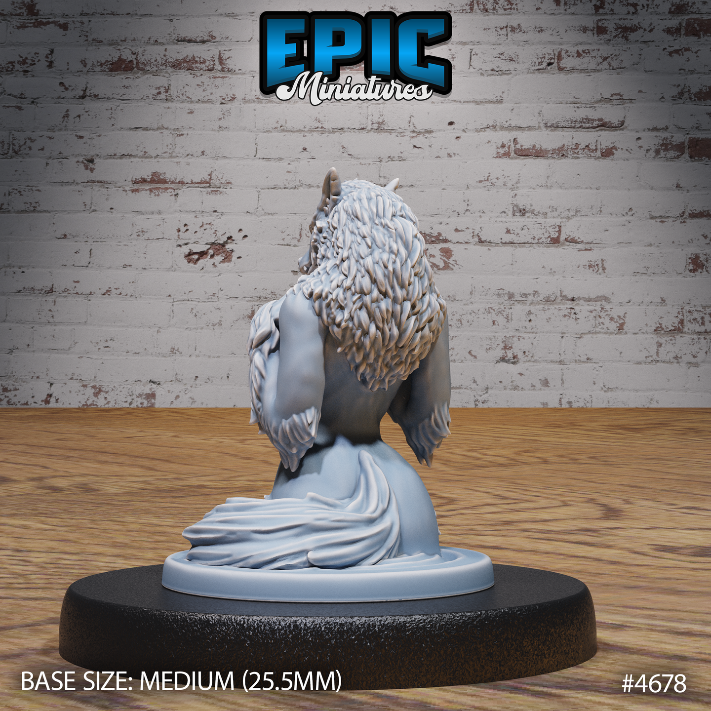 Rear view of the same unpainted grey resin female werewolf miniature — showing the full sweep of her layered fur mane down her back, a coiling tail, and flowing lower form, mounted on a medium 25.5mm base