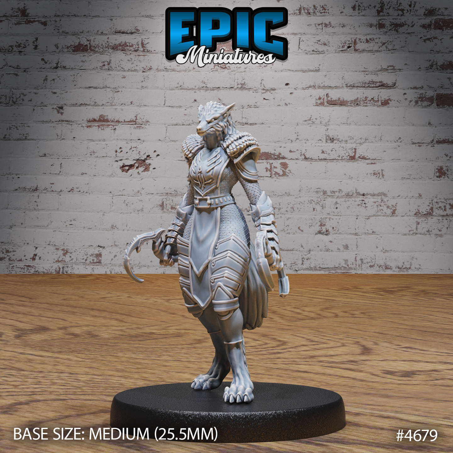Front view of an unpainted grey resin 32mm miniature of an armoured female werewolf by Epic Miniatures — mid-stride pose with one clawed foot raised, wearing layered plate and scale armour with pauldrons, a sigil-engraved breastplate, and a flowing tabard, with a wolf's head, long curved talons, and a thick fur mane. Medium 25.5mm base visible.